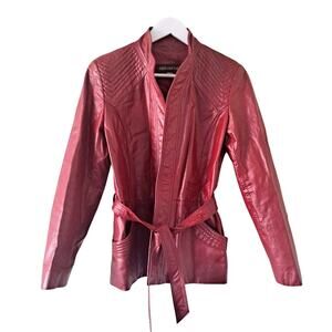 Split End Limited Red Leather High Neck Long Sleeve Jacket with Belt  - Size 11